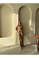 ست شلوار جلیقه دکمه دار کلاسیک کامیل خاکی-thumb