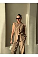 ست شلوار جلیقه دکمه دار کلاسیک کامیل خاکی-thumb