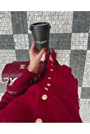 ست دامن ژاکت کش باف پشمی پلیسه دار قرمز دکمه دار طلایی Claret مناسب برای سایز Xs-s.-thumb