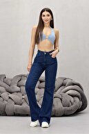 شلوار جین کمیزول الاستیک زنانه آبی سرمه ای فاق بلند-thumb