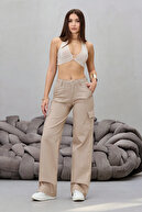 شلوار دمپا گشاد لیکرا جیبی باری بژ-thumb