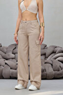 شلوار دمپا گشاد لیکرا جیبی باری بژ-thumb