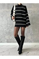 ژاکت بافتنی زنانه اورسایز راه راه نیمه یقه اسکی، ژاکت راه راه-thumb