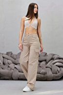 شلوار دمپا گشاد لیکرا جیبی باری بژ-thumb