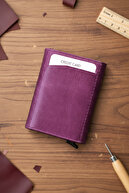 کیف پول پسکول جای کارت بنفش مردانه دارای مکانیزم اتوماتیک چرم اصل با محافظت RFID-thumb