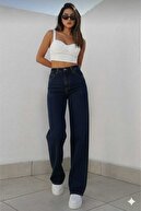 شلوار جین زنانه گشاد تائیتی لیکرا آبی تیره سوپر فاق بلند-thumb