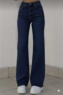 شلوار جین زنانه گشاد تائیتی لیکرا آبی تیره سوپر فاق بلند-thumb