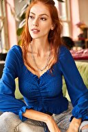 Olalook Kadın Saks Mavi Önü Büzgülü Gipeli Örme Bluz BLZ-19001183