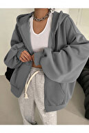 ژاکت کش باف پشمی آستین بادکنکی زیپ دار خاکستری دودی زنانه-thumb