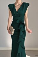 دامن یقه دو سینه پارچه غواصی زمردی زنانه لباس مجلسی جشن فارغ التحصیلی-thumb