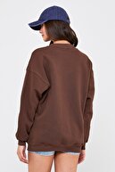 snow basic Calabasas Nakışlı Kahverengi Oversize Kadın Sweatshirt