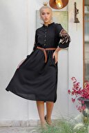 Chiccy Kadın Siyah Dik Fırfırlı Yaka Patı Düğmeli Kolları Tribal Nakışlı Dokuma Elbise M10160000EL94173