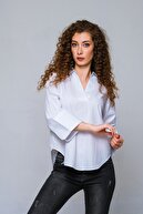 GÖMLEX Kadın V Yaka Gömlek Bol Kollu Cepsiz Kısa Klasik Sade Rahat %100 Pamuk
