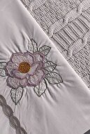 ست پتوی بافتنی دو نفره - سرویس خواب 4 تکه و گلدوزی شده - تیوولی روزتا - کرم-thumb