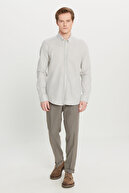 پیراهن یقه دکمه‌دار کتانی خاکستری مردانه 100% پنبه‌ای و پارچه‌ای قابل تنفس-thumb