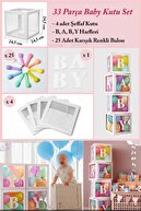 Patladı Gitti 33 Parça Baby Yazılı Şeffaf Beyaz Kutu Balon Seti, Baby Balon Kutusu Bebek Çocuk Doğum Günü Kutlama