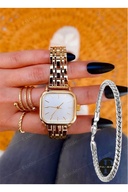 Cuff bracelet + gold wristwatch