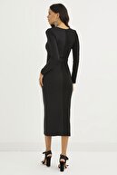 Cool & Sexy Kadın Siyah U Yaka Bloklu Maxi Elbise Yİ2379