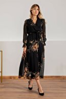 Masspera Kadın Siyah Sarı Çiçek Desen Astarlı Şifon Elbise