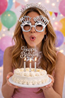 PARTİPORT Happy Birthday Gözlük Taç ve Pasta Süsü 3'lü Doğum Günü