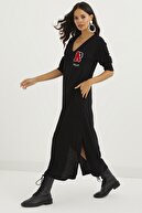 Cool & Sexy Kadın Siyah Çift Yırtmaçlı Örme Maxi Elbise BK2000
