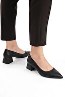 Marjin Kadın Sivri Burun Kalın Topuk Günlük Klasik Topuklu Ayakkabı Bones Siyah