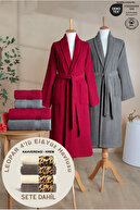 Burgundy Gray Bathrobe + LEOPARD 4-Piece Cream Coffee