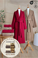 Burgundy Beige Bathrobe + LEOPARD 4-Piece Cream Coffee