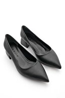 Marjin Kadın Sivri Burun Kalın Topuk Günlük Klasik Topuklu Ayakkabı Bones Siyah