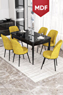 Table Black Marble Patterned Chairs Mustard