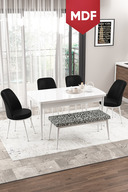 WHITE 4 BLACK CHAIRS 1 ZEBRA BENCH