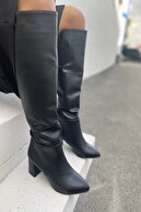 İnan Ayakkabı Siyah Cilt Kadın Sivri Burun Uzun Model Çizme 20152MHM