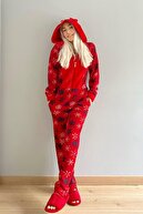 Pijamaevi Kırmızı Kartanesi Desenli Kadın Polar Peluş Tulum Pijama