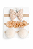 ECRU POMPOM - CAMEL HEARTED BOW- CAMEL FLOWER