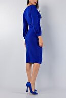 Secret Passion Lingerie Esnek Krep Kumaş Yırtmaç Detaylı Kruvaze Yaka Uzun Kollu Mavi Abiye Elbise 021 79308