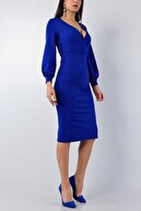 Secret Passion Lingerie Esnek Krep Kumaş Yırtmaç Detaylı Kruvaze Yaka Uzun Kollu Mavi Abiye Elbise 021 79308