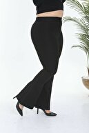 Maxi İdol Kadın Büyük Beden Siyah Yüksekbel Ispanyol Paça Pantolon Likralı Örme Crep Kumaş