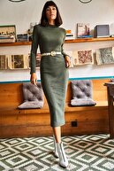 Olalook Kadın Haki Likralı Şardonlu Uzun Kaşkorse Elbise ELB-19000750