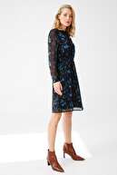 Ekol Kadın Yaka Bağcıklı Desenli Elbise 6051031 Mavi