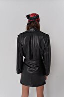 HOLLY LOLLY Kadın Siyah Ceket Yaka Crop Fermuarlı Çıtçıtlı Petter Deri Ceket