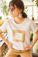 Olalook Kadın Beyaz Sim Detaylı T-shirt TSH-19000322