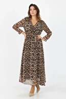Neşeli Butik Kadın Bağlama Detaylı Kruvaze Yaka Leopar Desenli Şifon Elbise Apcx03