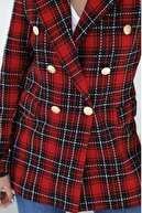Suzi butik Kadın Kırmızı Ekose Desen Tuvit Kumaş Gold Düğme Detay Astarlı Kruvaze Blazer Ceket
