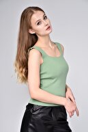 Luna Carina Kadın Mint Yeşili Kalın Askılı Kare Yaka Crop Bluz