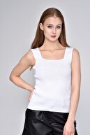 Luna Carina Kadın Beyaz Kalın Askılı Kare Yaka Crop Bluz