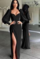 lovebox Yırtmaçlı Balon Kol V Yaka Siyah Abiye Elbise Siyah Nişan Elbisesi 112