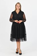 XXL BUTİK Kadın Yeni Sezon Tül Eteği Fırfırlı Kruvaze Yaka Büyük Beden Siyah Elbise Mkds02