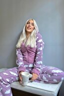 Pijamaevi Mor Bulut Desenli Kadın Polar Peluş Tulum Pijama Takımı