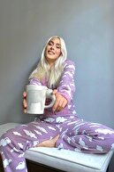Pijamaevi Mor Bulut Desenli Kadın Polar Peluş Tulum Pijama Takımı