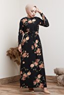 MODAEFA Kadın Siyah Çiçek Desenli Tesettür Elbise